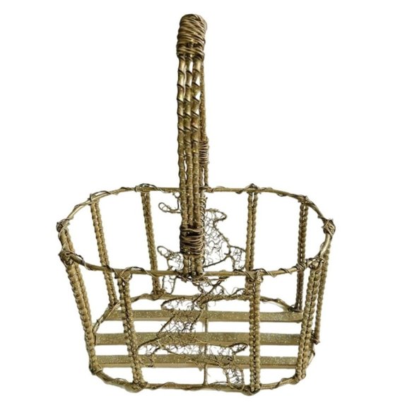 Christmas Basket Wire Reindeer Design Glittering Gold Tone Metal 13" x 9" x 5" - Picture 5 of 7